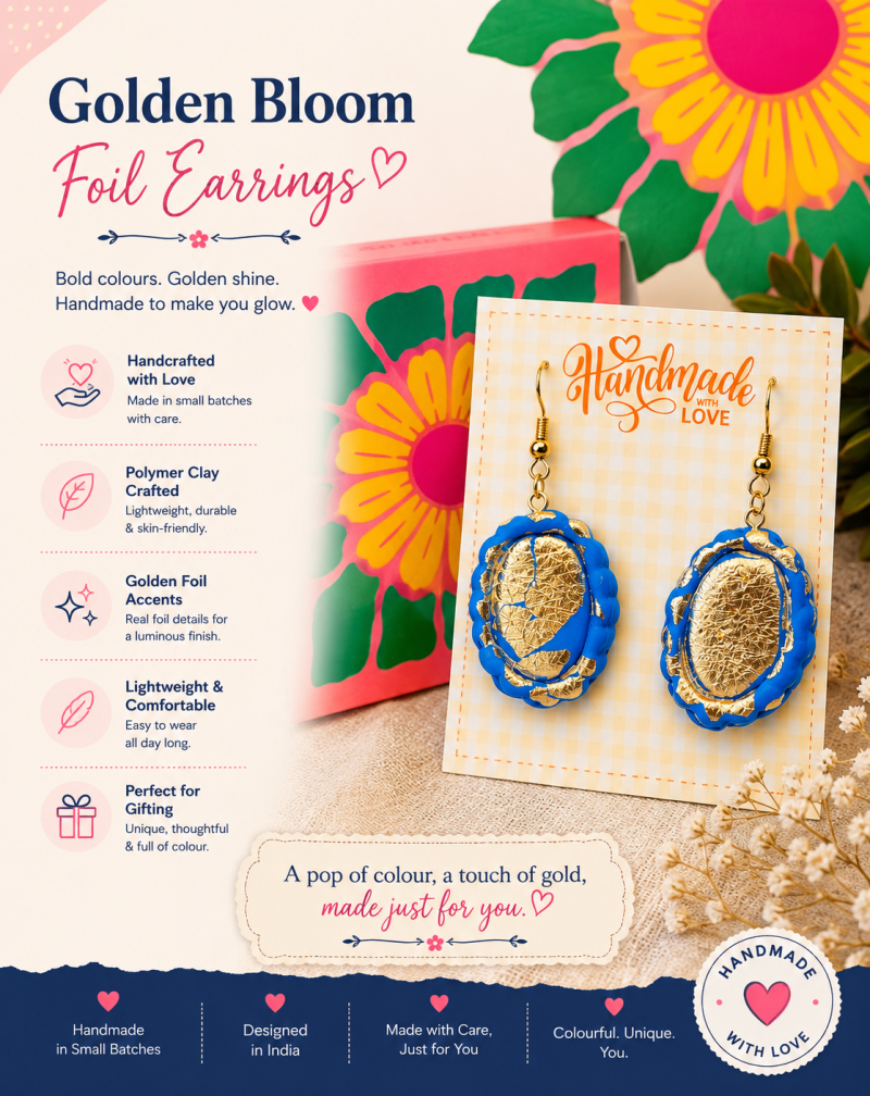 Golden Bloom Blue Earrings – Handmade Polymer Clay Dangles