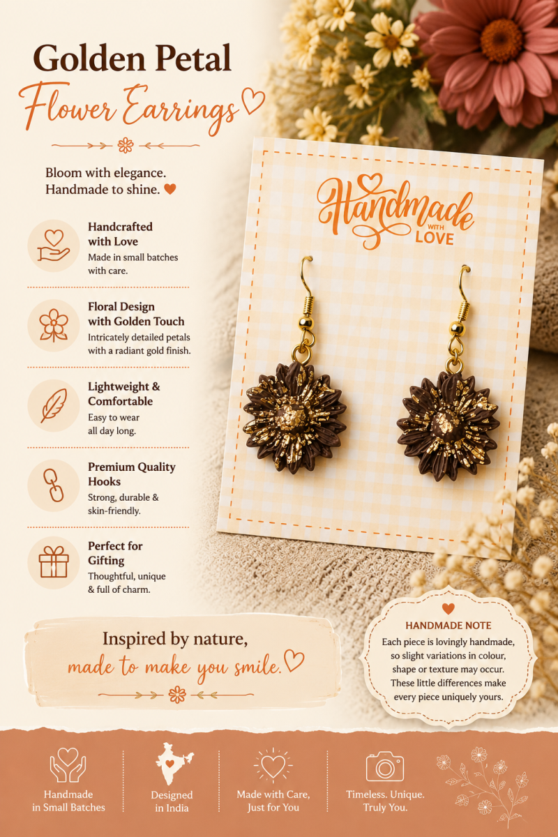 Golden Petal Flower Earrings – Handmade Polymer Clay Dangles