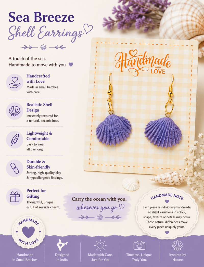 Lavender Sea Shell Earrings – Handmade Polymer Clay Dangles