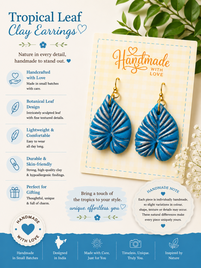 Tropical Leaf Earrings – Blue & Silver Polymer Clay Dangles