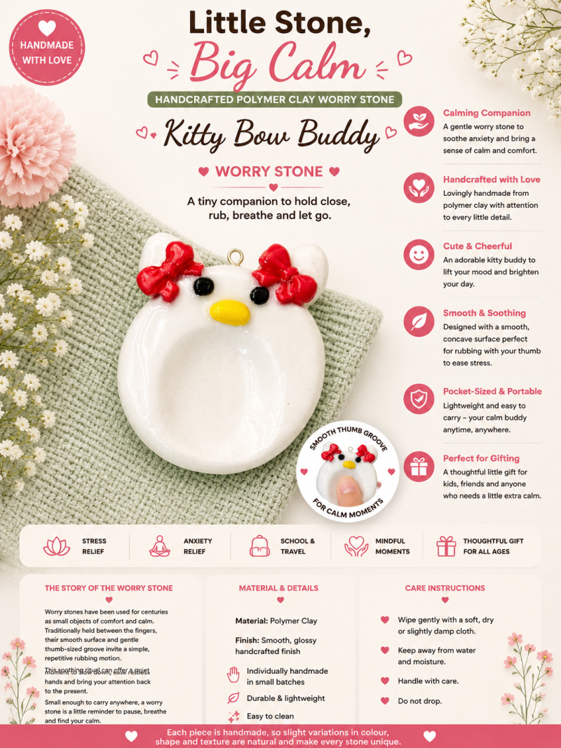 Bow Kitty Worry Stone – Handcrafted Polymer Clay Charm